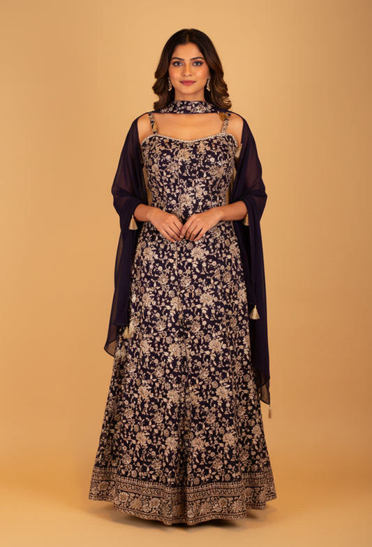 Navy Blue Sequins & Thread Embroidered Indo-Western  with Cape Sleeves – Wedding & Party Wear