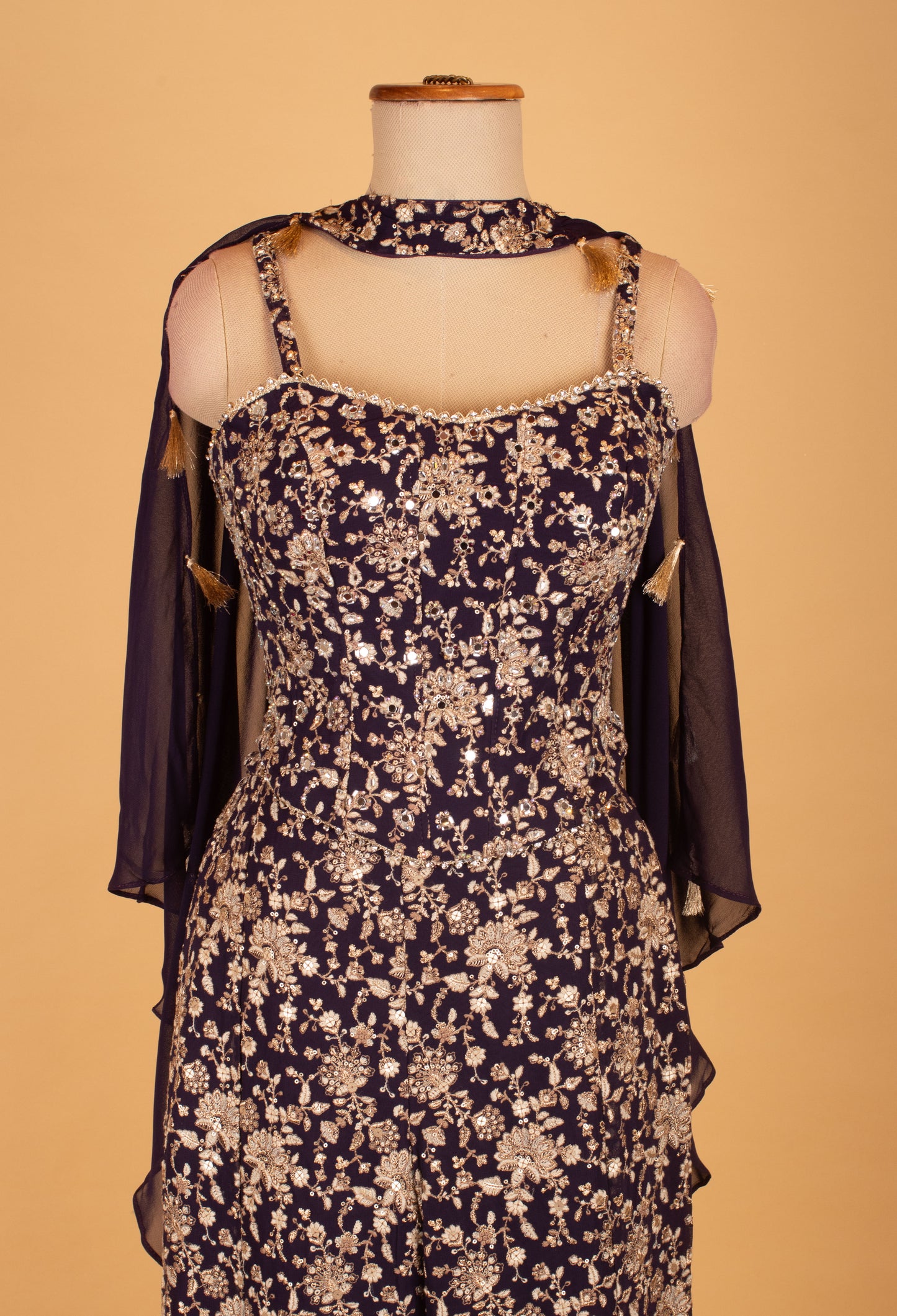 Navy Blue Sequins & Thread Embroidered Indo-Western  with Cape Sleeves – Wedding & Party Wear