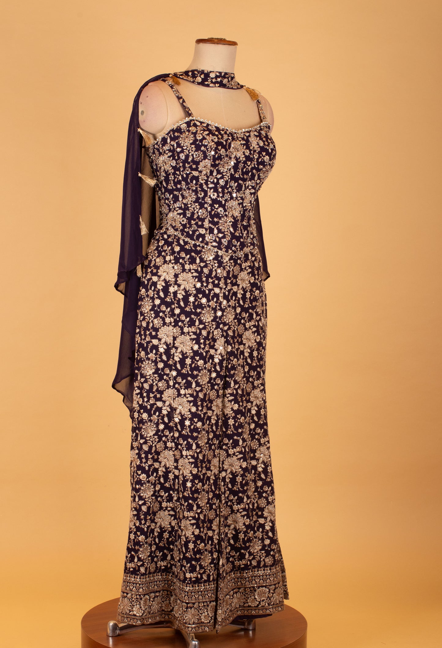 Navy Blue Sequins & Thread Embroidered Indo-Western  with Cape Sleeves – Wedding & Party Wear