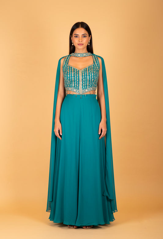 Teal Sequin Embellished Indo-Western JPlazzo Set with Cape Sleeves – Designer Party & Sangeet Wear