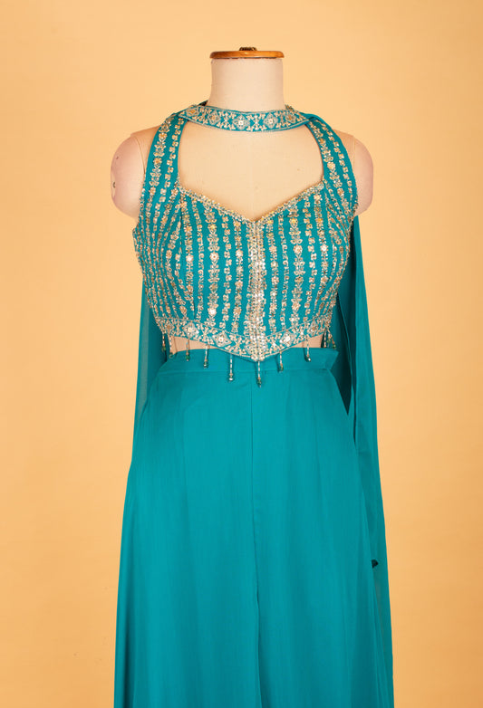 Teal sequin embellished Indo-Western palazzo set with cape sleeves – product image 2