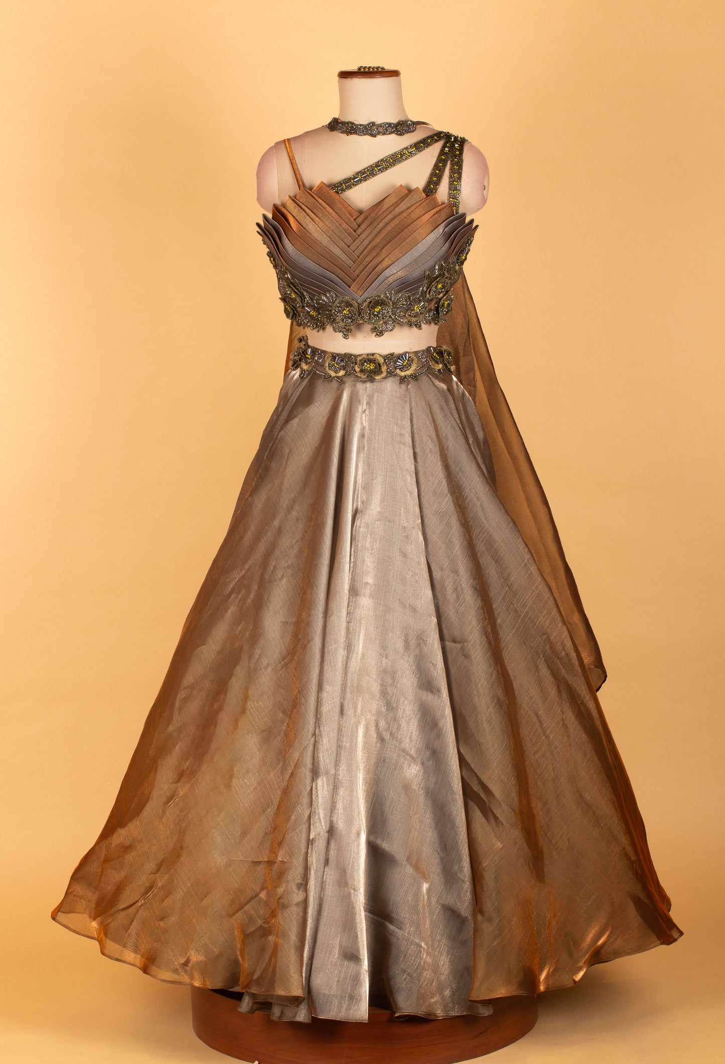 Metallic Bronze–Silver Ombre Designer Lehenga Set with 3D Layered Blouse – Cocktail & Reception Wear