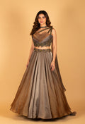 Metallic Bronze–Silver Ombre Designer Lehenga Set with 3D Layered Blouse – Cocktail & Reception Wear
