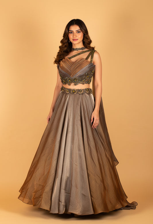 Metallic Bronze–Silver Ombre Designer Lehenga Set with 3D Layered Blouse – Cocktail & Reception Wear