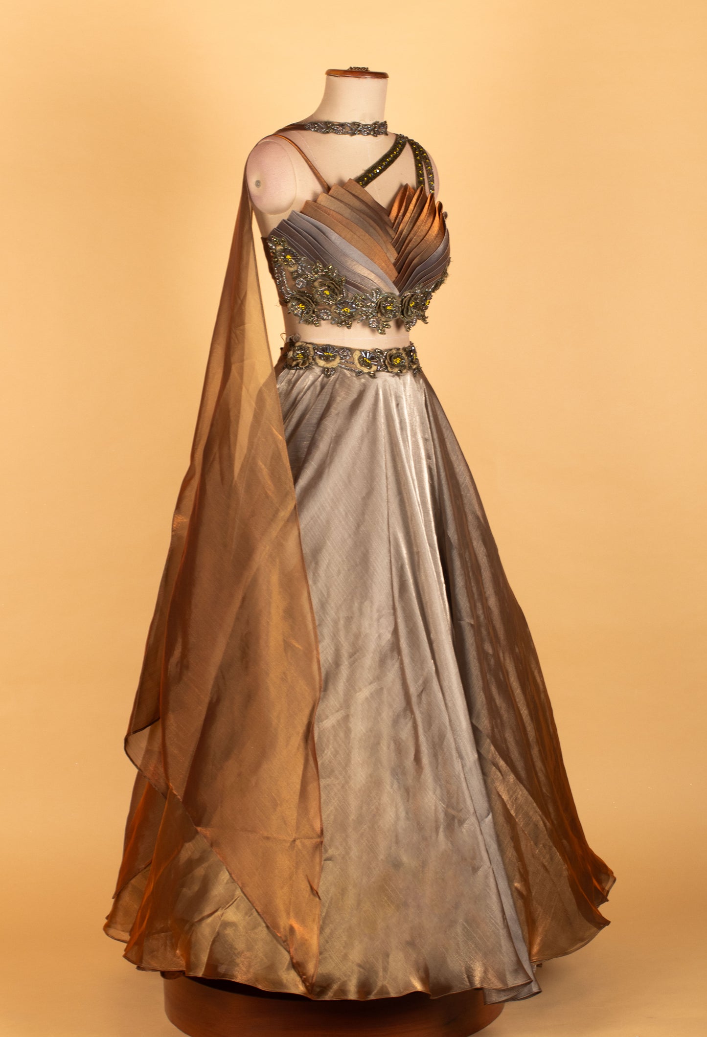 Metallic Bronze–Silver Ombre Designer Lehenga Set with 3D Layered Blouse – Cocktail & Reception Wear