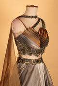 Metallic Bronze–Silver Ombre Designer Lehenga Set with 3D Layered Blouse – Cocktail & Reception Wear