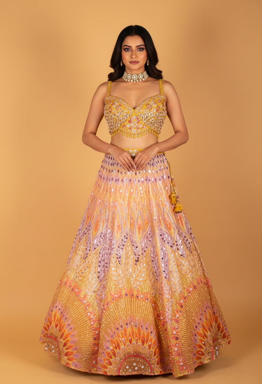 Yellow multicolor sequin embroidered lehenga with mirror-work crop top – product image 2