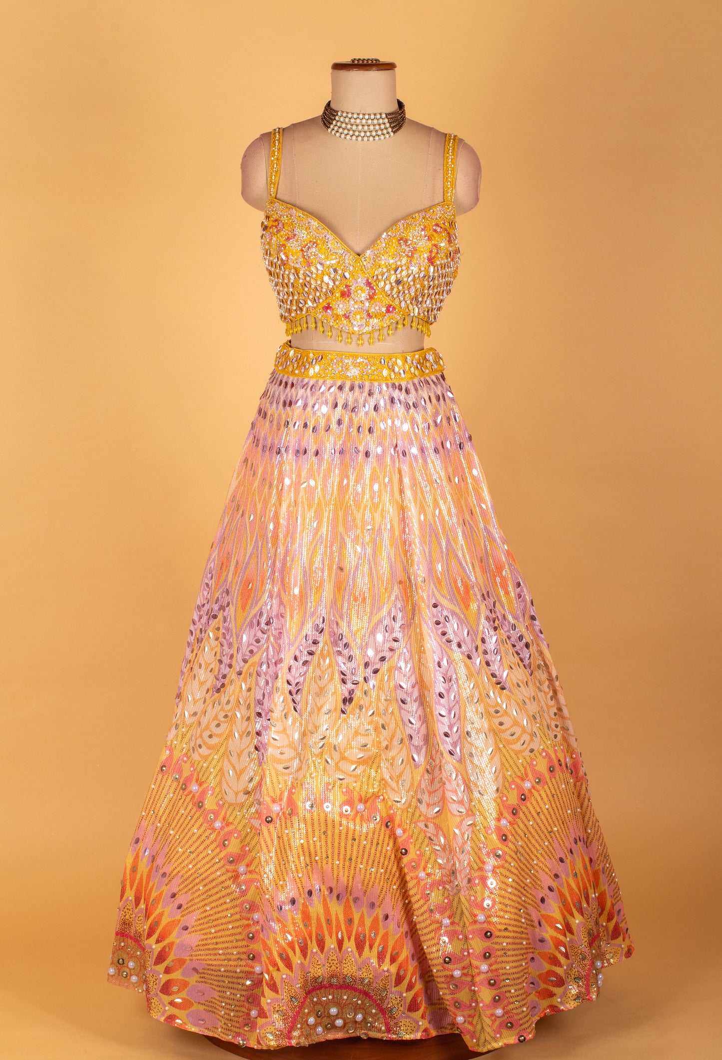 Yellow Multicolor Sequin Embellished Crop Top & Lehenga Set – Sangeet & Festive Wear