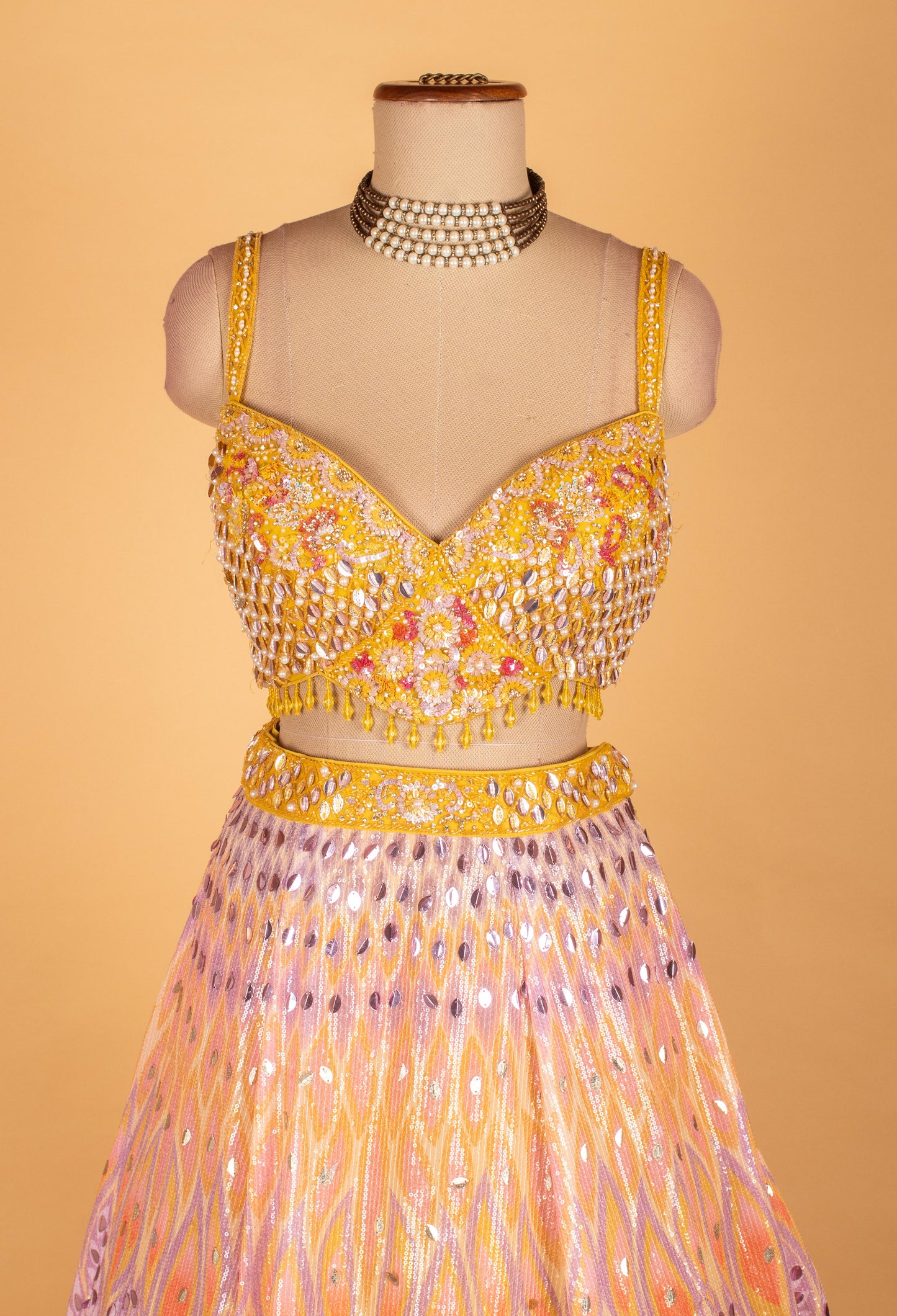 Yellow Multicolor Sequin Embellished Crop Top & Lehenga Set – Sangeet & Festive Wear