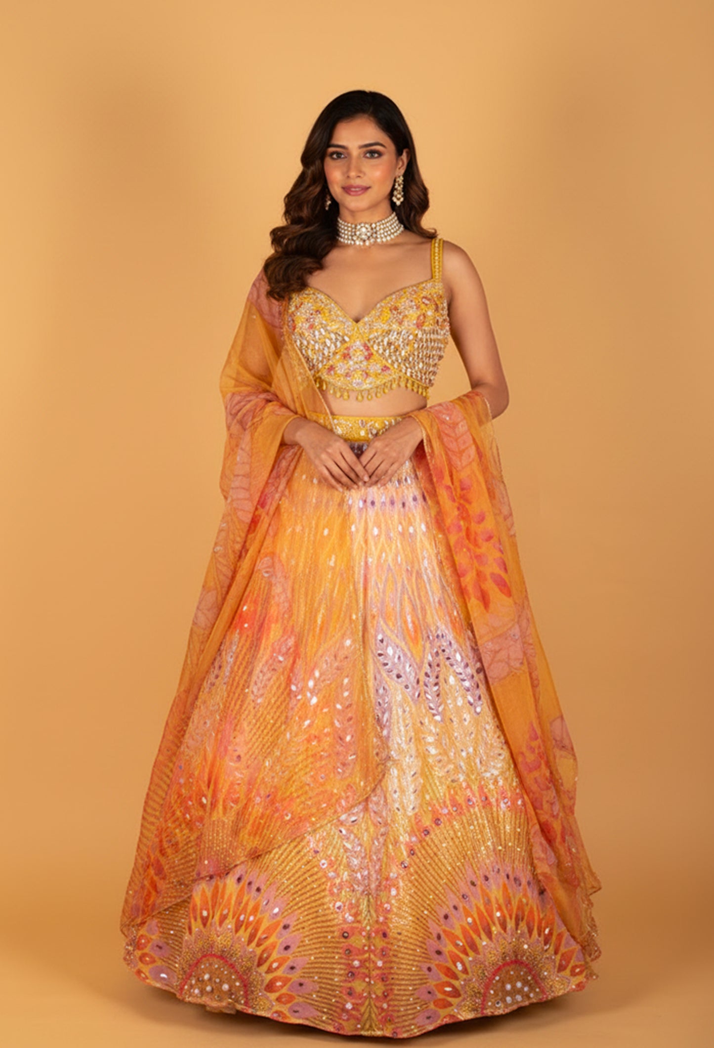 Yellow Multicolor Sequin Embellished Crop Top & Lehenga Set – Sangeet & Festive Wear