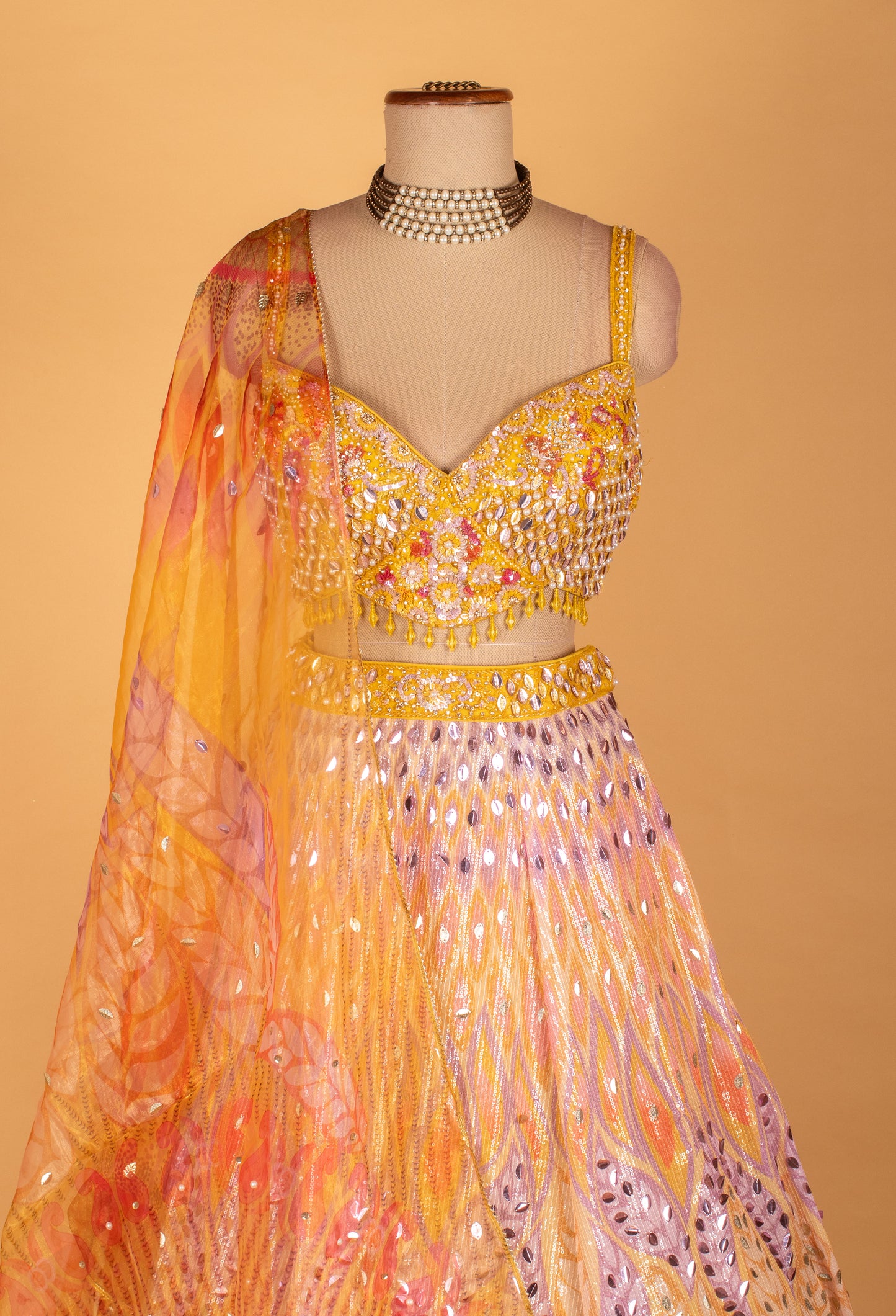 Yellow Multicolor Sequin Embellished Crop Top & Lehenga Set – Sangeet & Festive Wear
