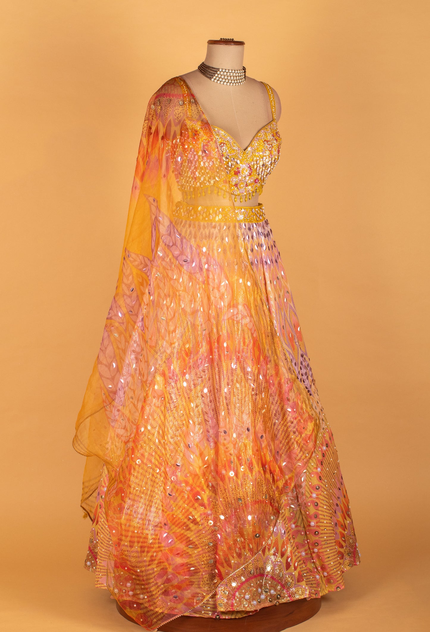 Yellow Multicolor Sequin Embellished Crop Top & Lehenga Set – Sangeet & Festive Wear