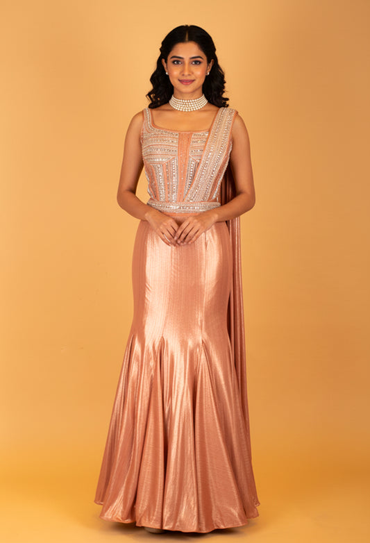 Rose Gold Metallic Mermaid Gown with Embellished Bustier & Attached Drape – Luxury Reception & Evening Wear