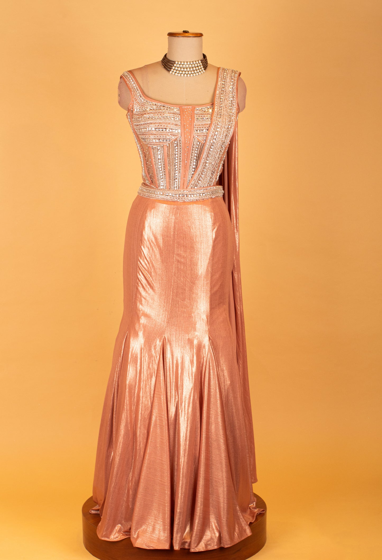 Rose Gold Metallic Mermaid Gown with Embellished Bustier & Attached Drape – Luxury Reception & Evening Wear