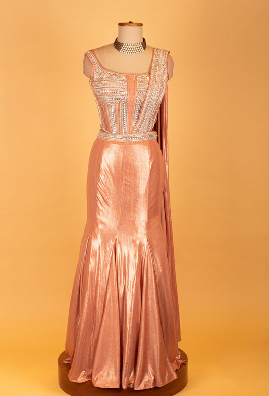 Rose gold metallic mermaid gown with embellished bustier – product image 2
