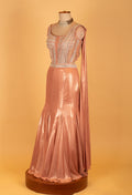 Rose Gold Metallic Mermaid Gown with Embellished Bustier & Attached Drape – Luxury Reception & Evening Wear