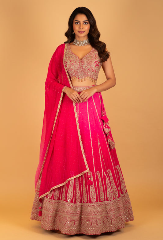 Hot Pink Bridal Embroidered Lehenga Set with Heavy Zari & Sequin Work – Wedding & Festive Wear