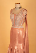 Rose Gold Metallic Mermaid Gown with Embellished Bustier & Attached Drape – Luxury Reception & Evening Wear