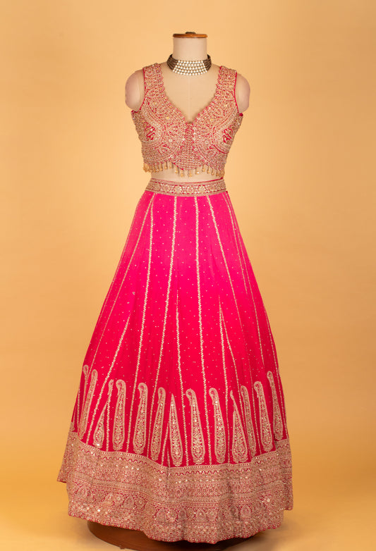 Hot pink bridal embroidered lehenga with zari and sequin work – product image 2