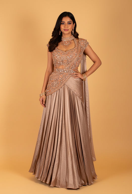 Champagne Peach Embellished Crop Top & Draped Lehenga Set – Designer Reception & Party Wear