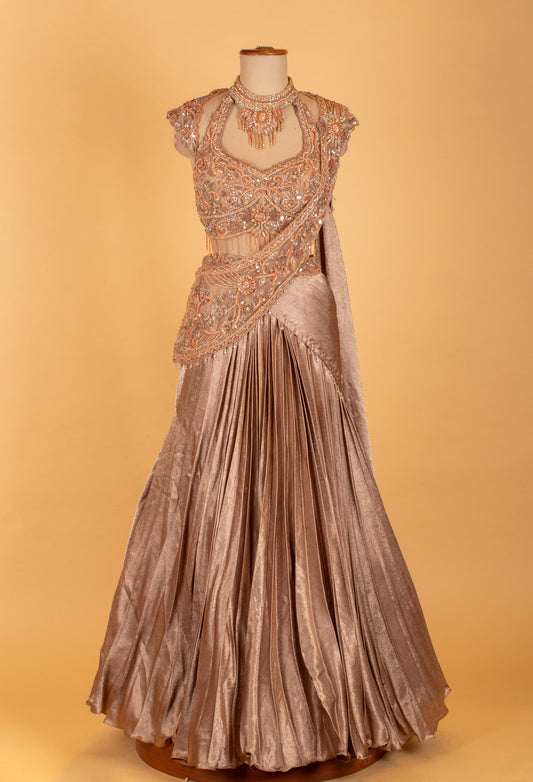 Champagne peach embellished crop top and draped lehenga set – product image 2