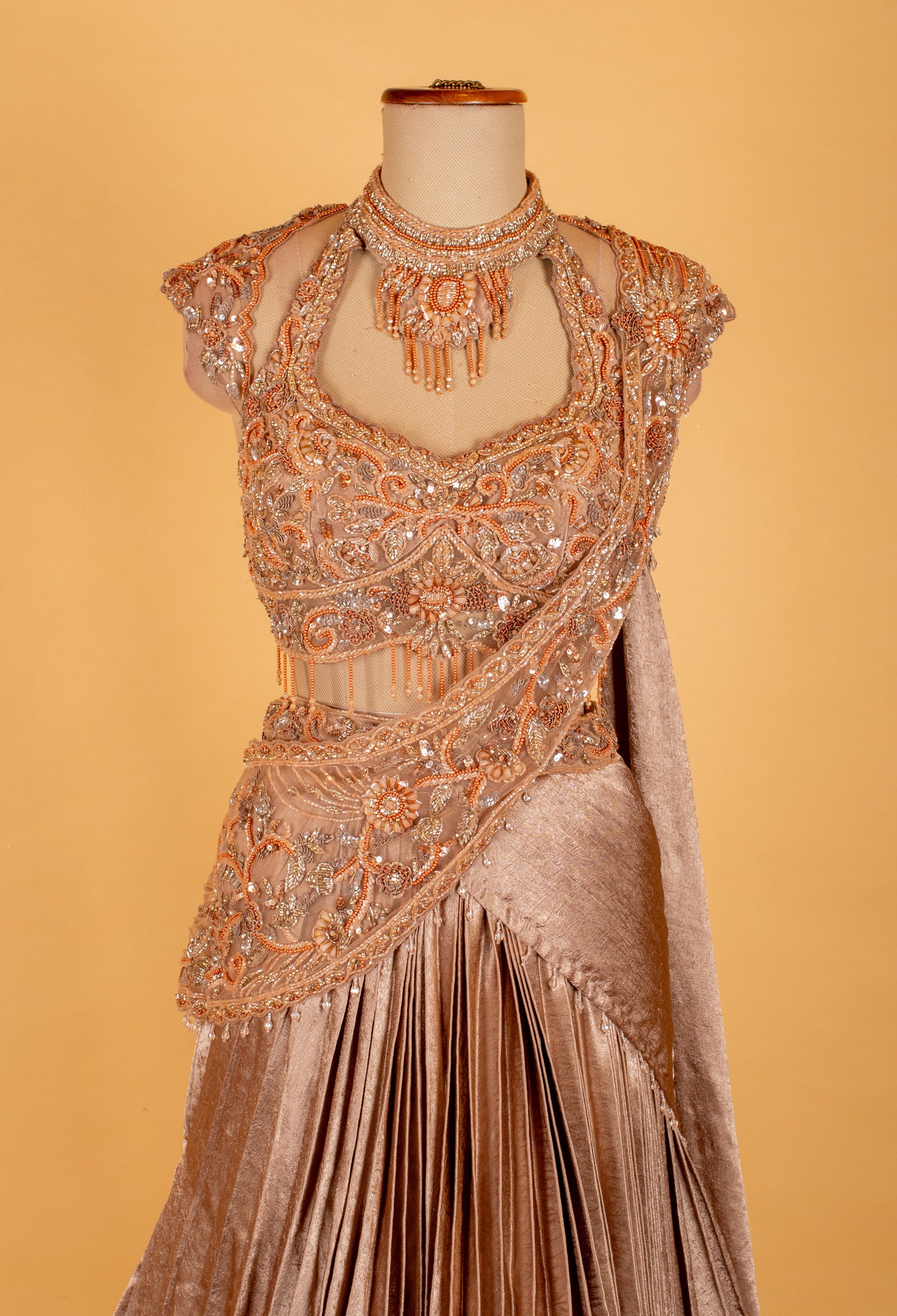 Champagne Peach Embellished Crop Top & Draped Lehenga Set – Designer Reception & Party Wear