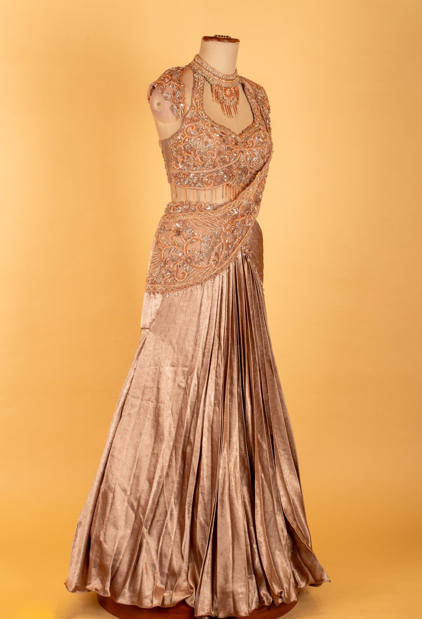 Champagne Peach Embellished Crop Top & Draped Lehenga Set – Designer Reception & Party Wear
