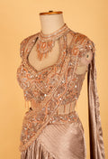 Champagne Peach Embellished Crop Top & Draped Lehenga Set – Designer Reception & Party Wear