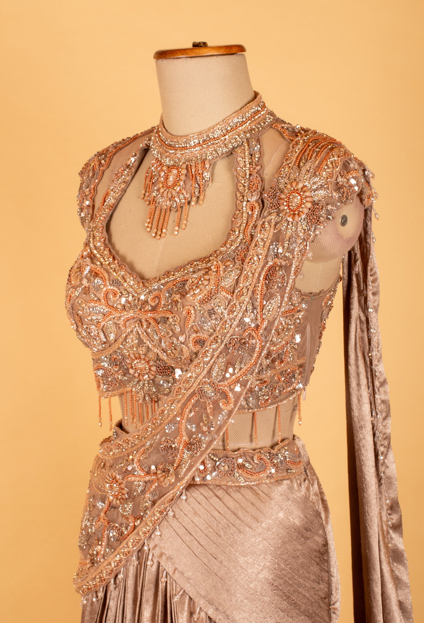 Champagne Peach Embellished Crop Top & Draped Lehenga Set – Designer Reception & Party Wear