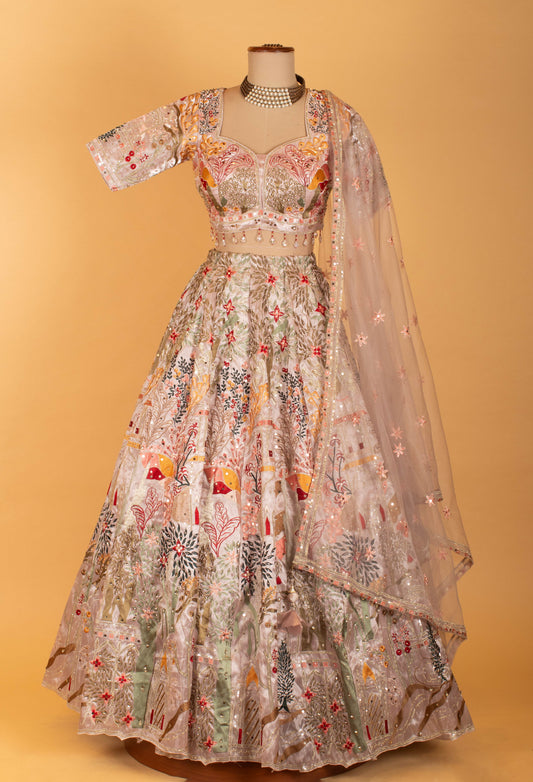 Multi-color thread and sequin embroidered organza lehenga set – product image 2