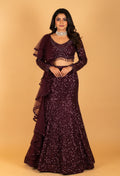 Wine Sequin Embellished Mermaid Lehenga with Ruffle Dupatta – Party & Reception Wear