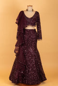 Wine Sequin Embellished Mermaid Lehenga with Ruffle Dupatta – Party & Reception Wear
