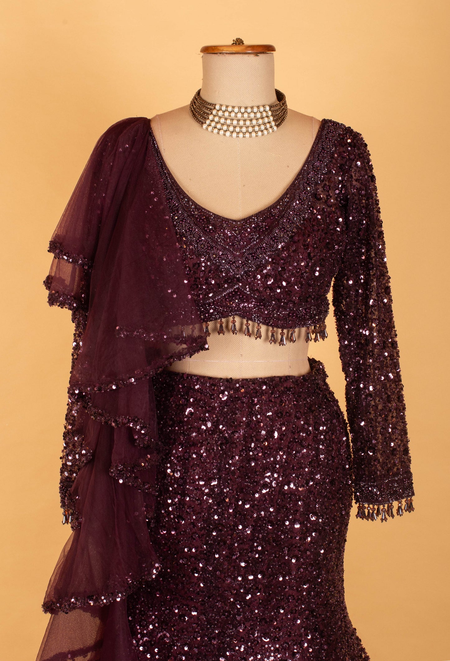 Wine Sequin Embellished Mermaid Lehenga with Ruffle Dupatta – Party & Reception Wear