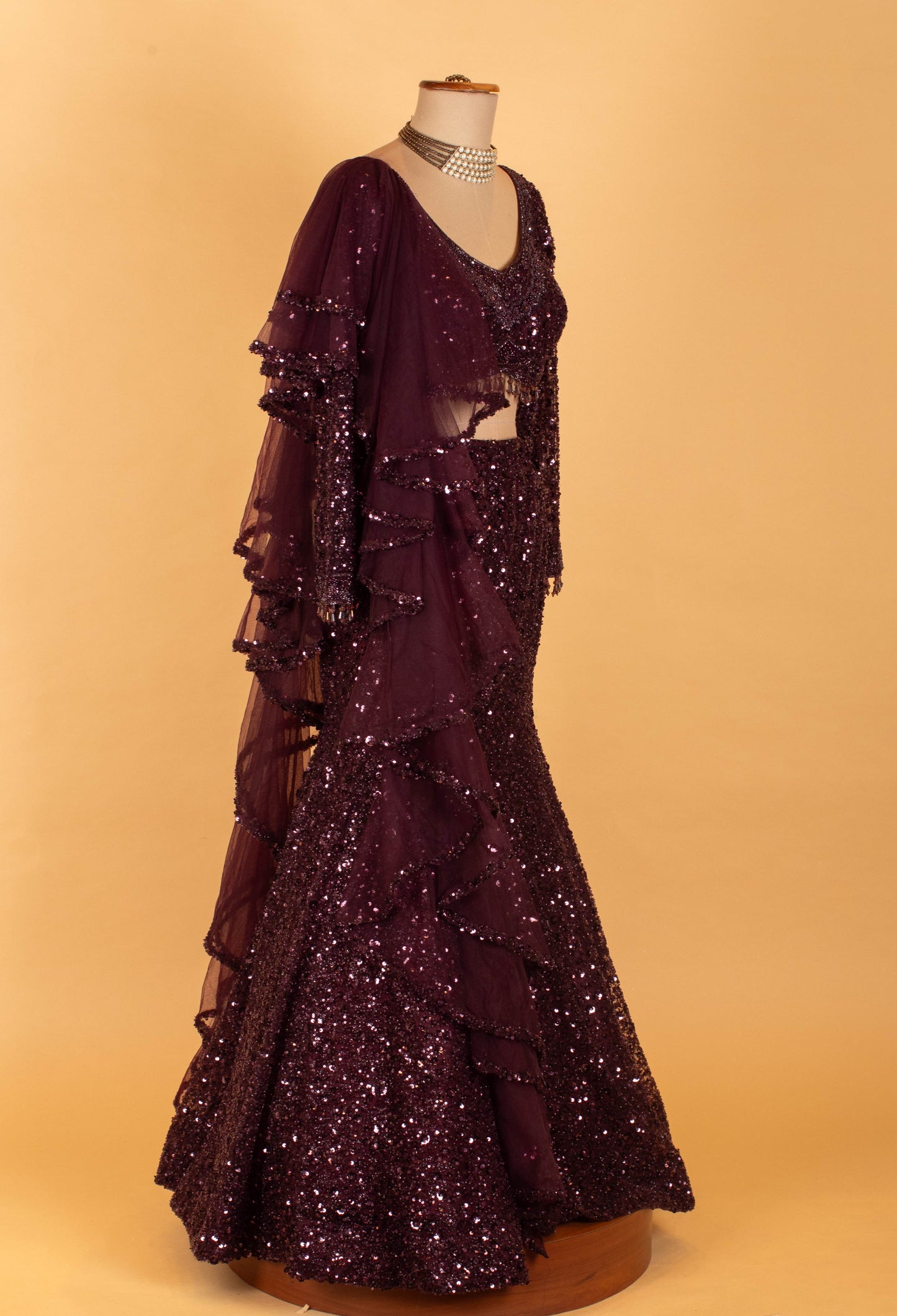 Wine Sequin Embellished Mermaid Lehenga with Ruffle Dupatta – Party & Reception Wear