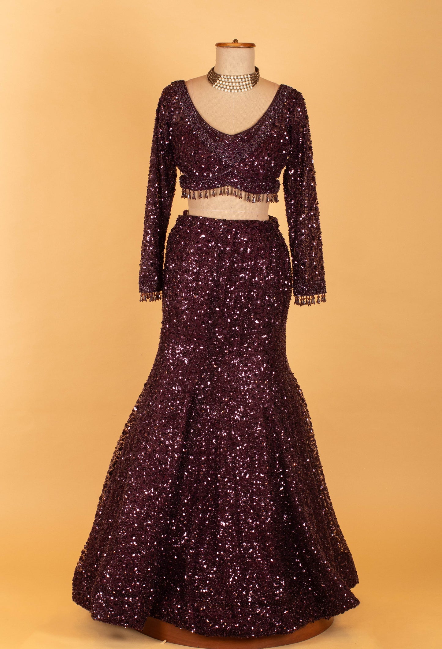 Wine Sequin Embellished Mermaid Lehenga with Ruffle Dupatta – Party & Reception Wear