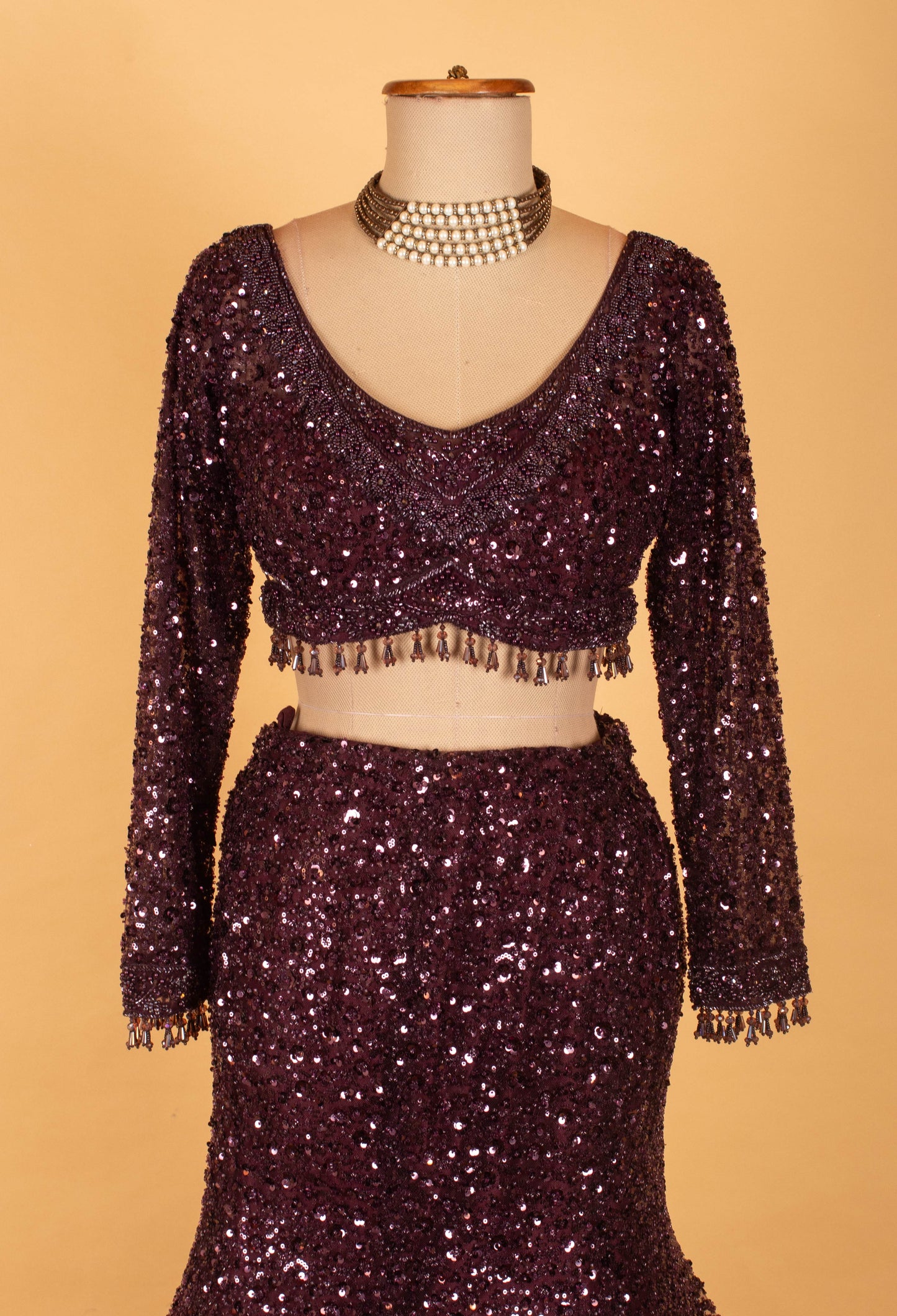 Wine Sequin Embellished Mermaid Lehenga with Ruffle Dupatta – Party & Reception Wear