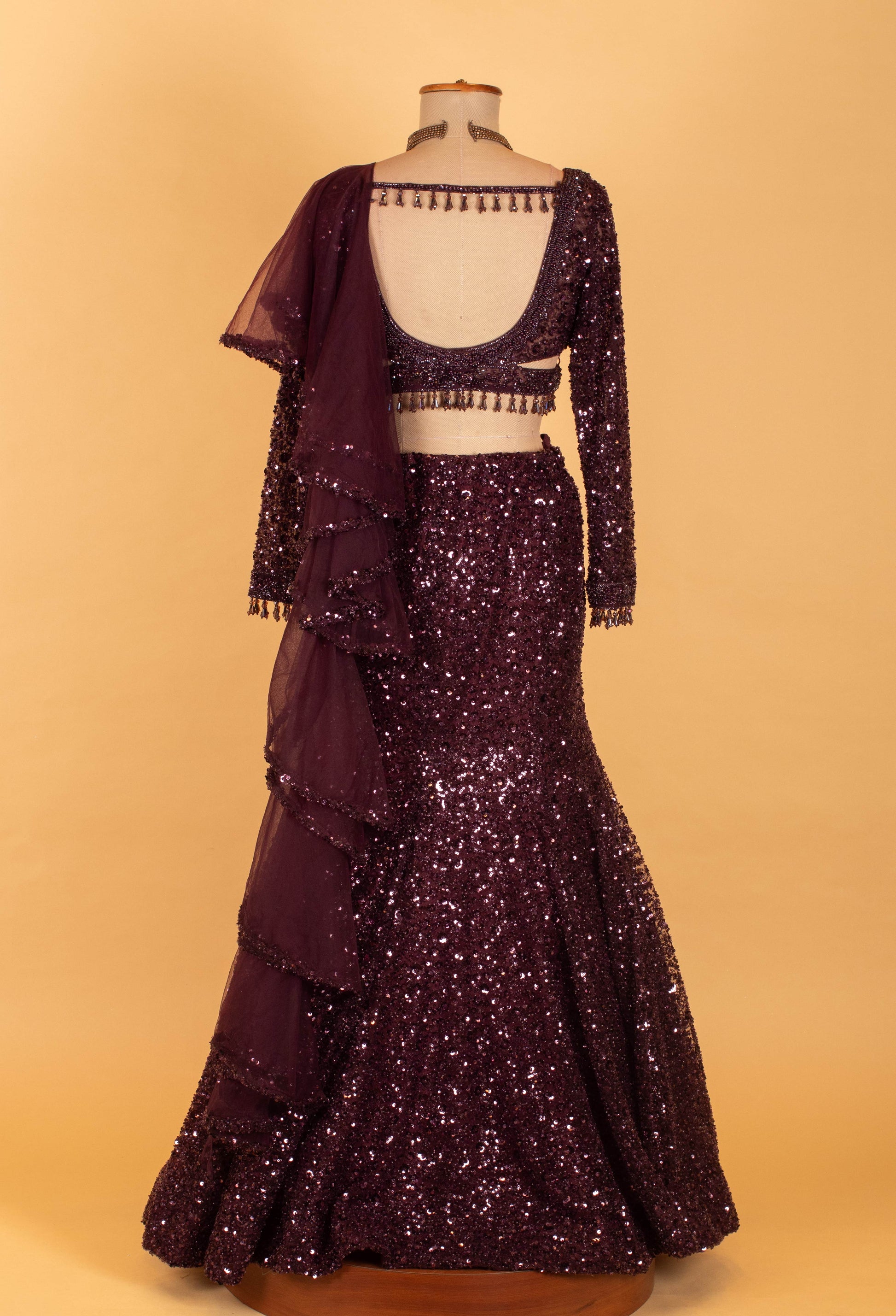 Wine | Wine sequin embellished mermaid lehenga with ruffle dupatta – product image 7 | 7