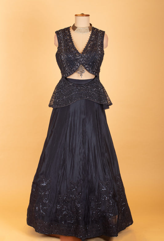 Navy blue sequin embellished peplum lehenga set – product image 2
