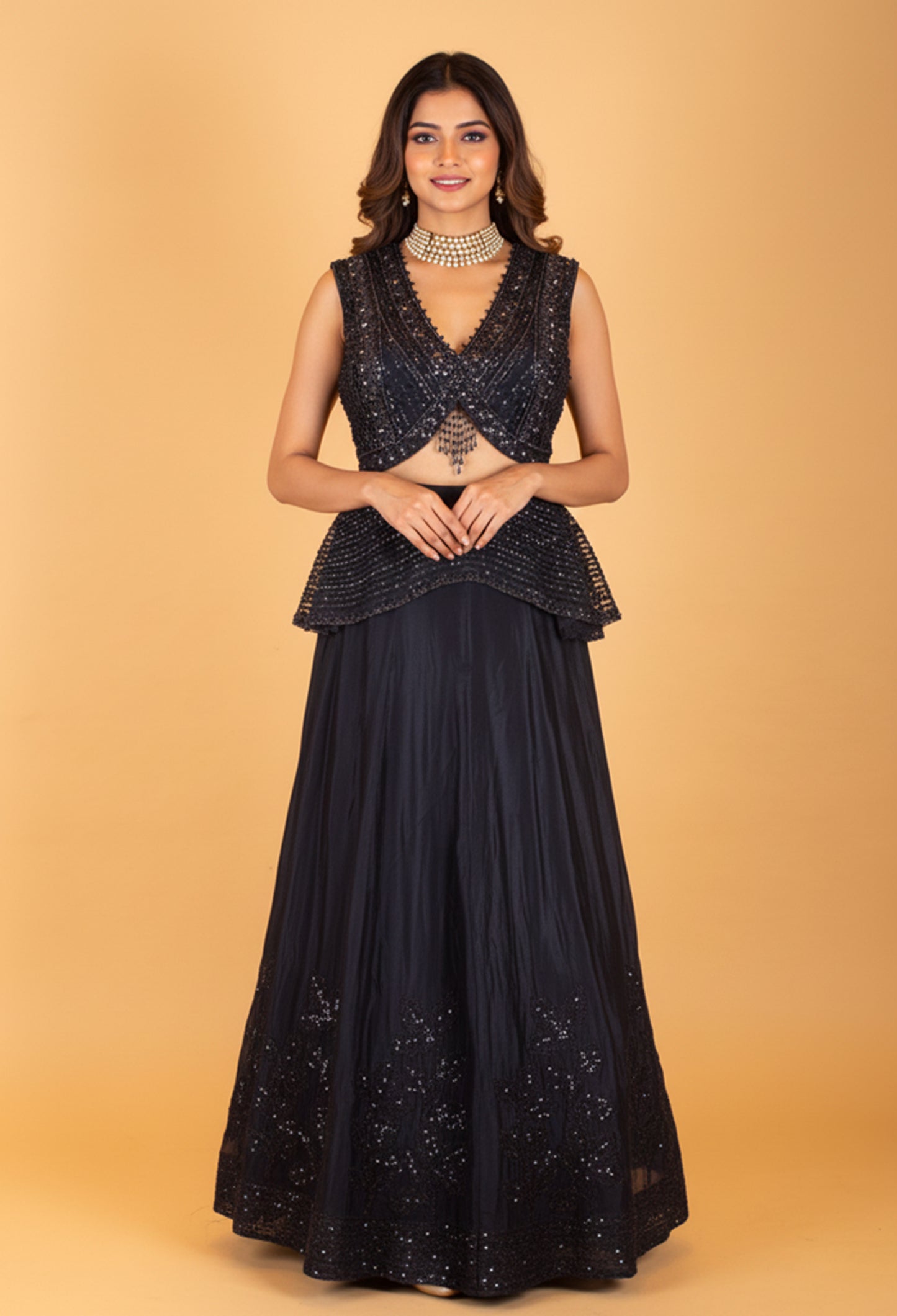 Navy Blue Sequin Embellished Peplum Lehenga Set with Designer Cut-Out Blouse – Party & Reception Wear