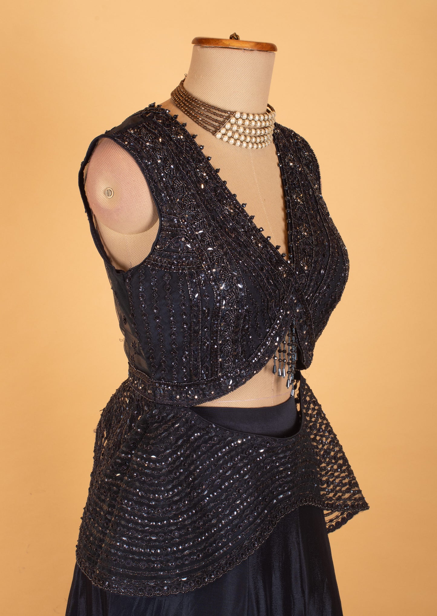 Navy Blue Sequin Embellished Peplum Lehenga Set with Designer Cut-Out Blouse – Party & Reception Wear