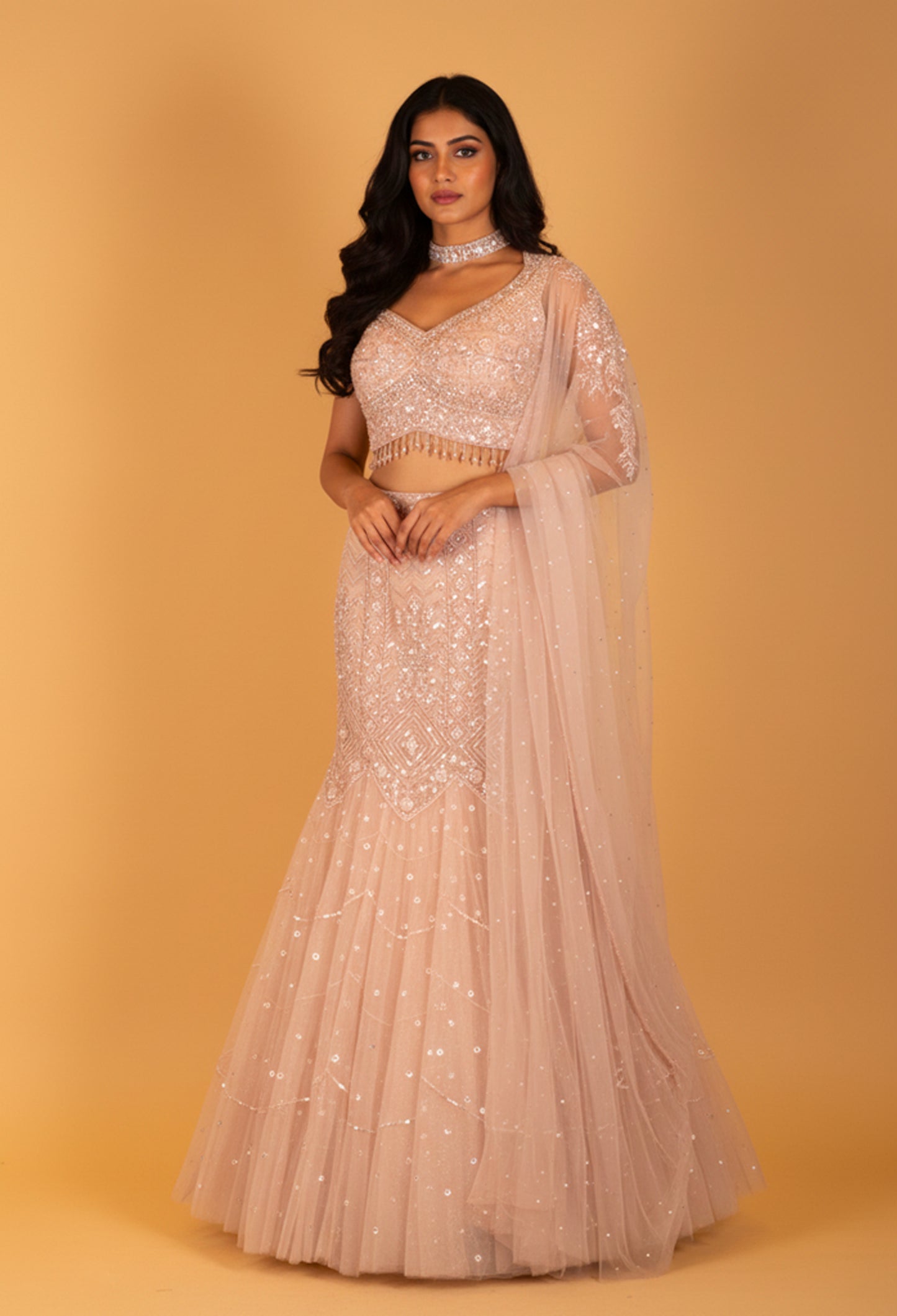 Blush Pink Sequin Embroidered Mermaid Lehenga Set for Weddings & Receptions