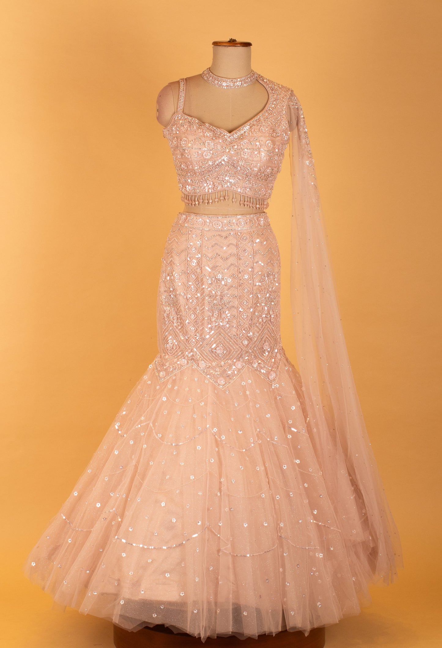 Blush Pink Sequin Embroidered Mermaid Lehenga Set for Weddings & Receptions