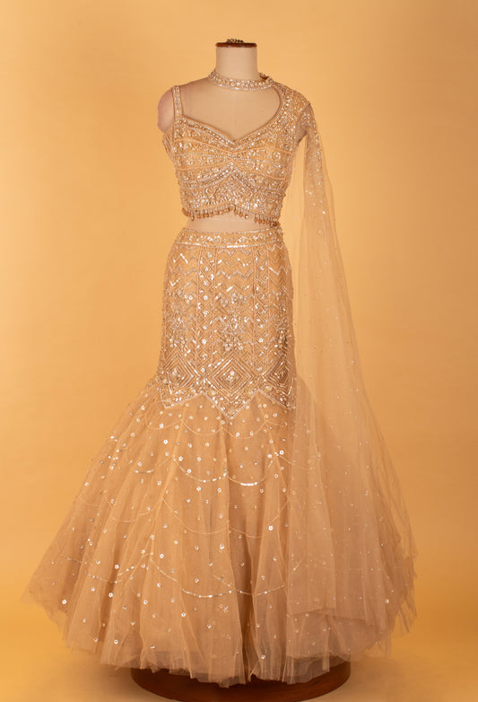 Champagne gold sequin embellished mermaid lehenga with asymmetric blouse – product image 2