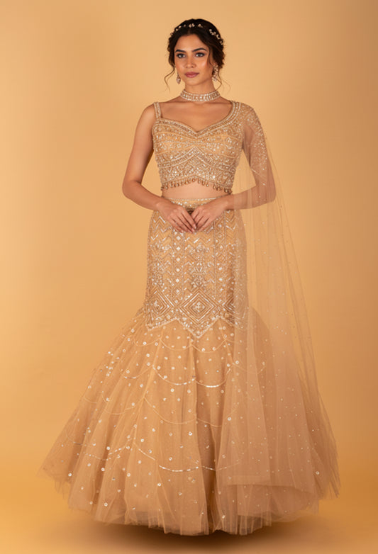 Champagne Gold Sequin Embellished Mermaid Lehenga Set for Wedding & Bridal Occasions