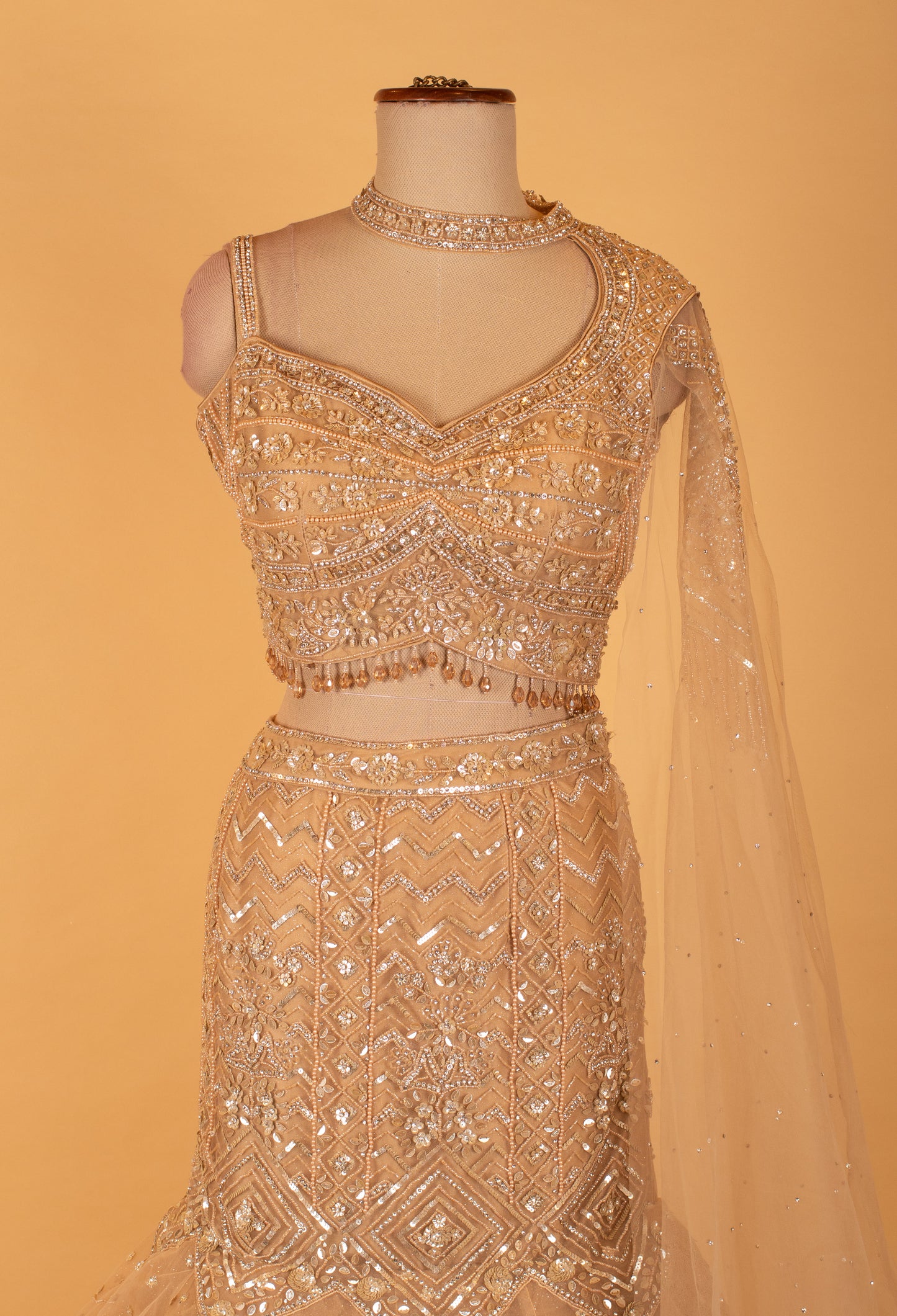 Champagne Gold Sequin Embellished Mermaid Lehenga Set for Wedding & Bridal Occasions