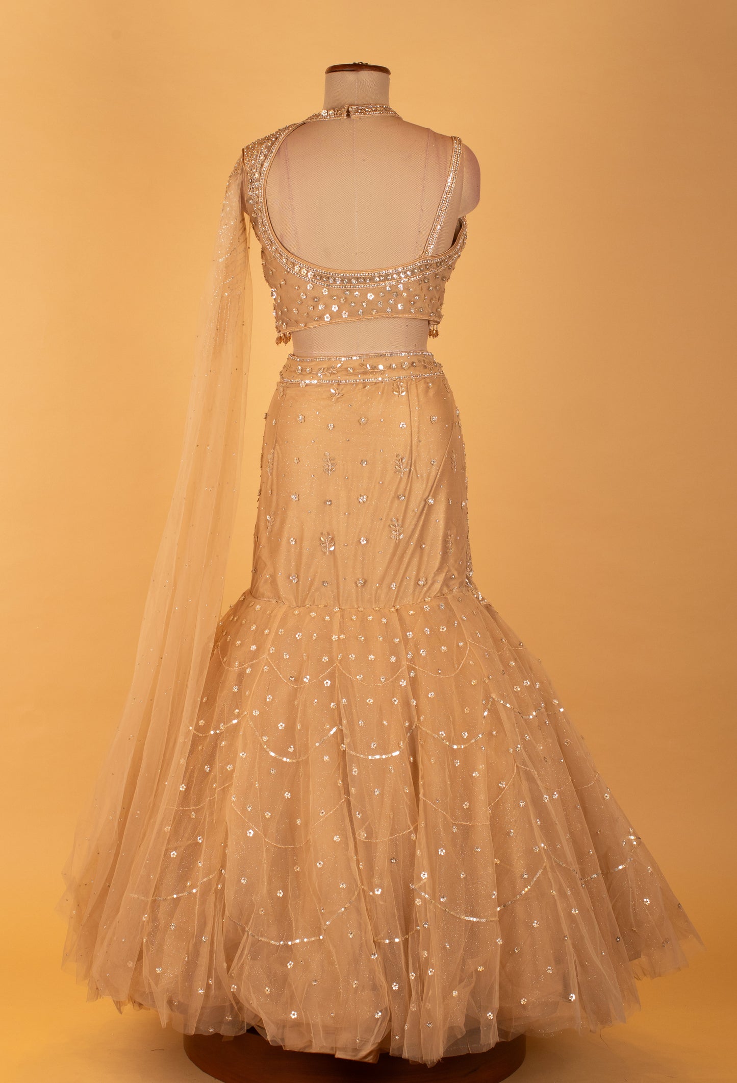 Champagne Gold Sequin Embellished Mermaid Lehenga Set for Wedding & Bridal Occasions