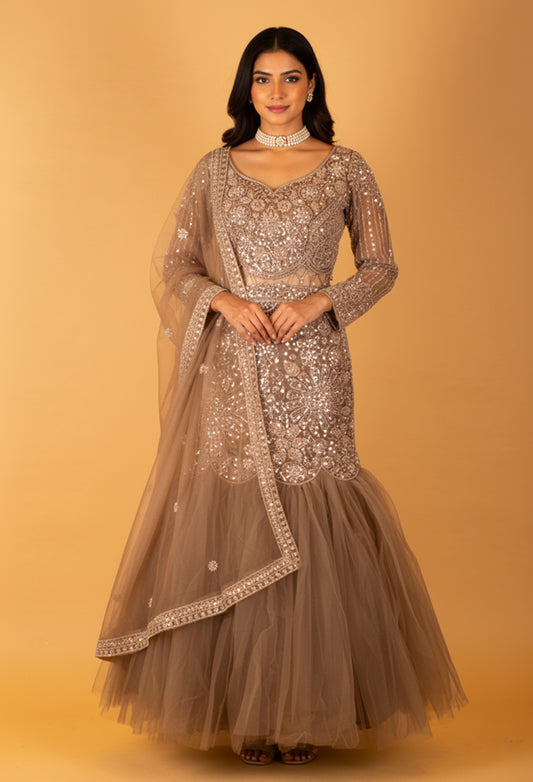 Champagne Grey Sequin Crop Top & Fishtail Lehenga Set – Bridal & Reception Wear