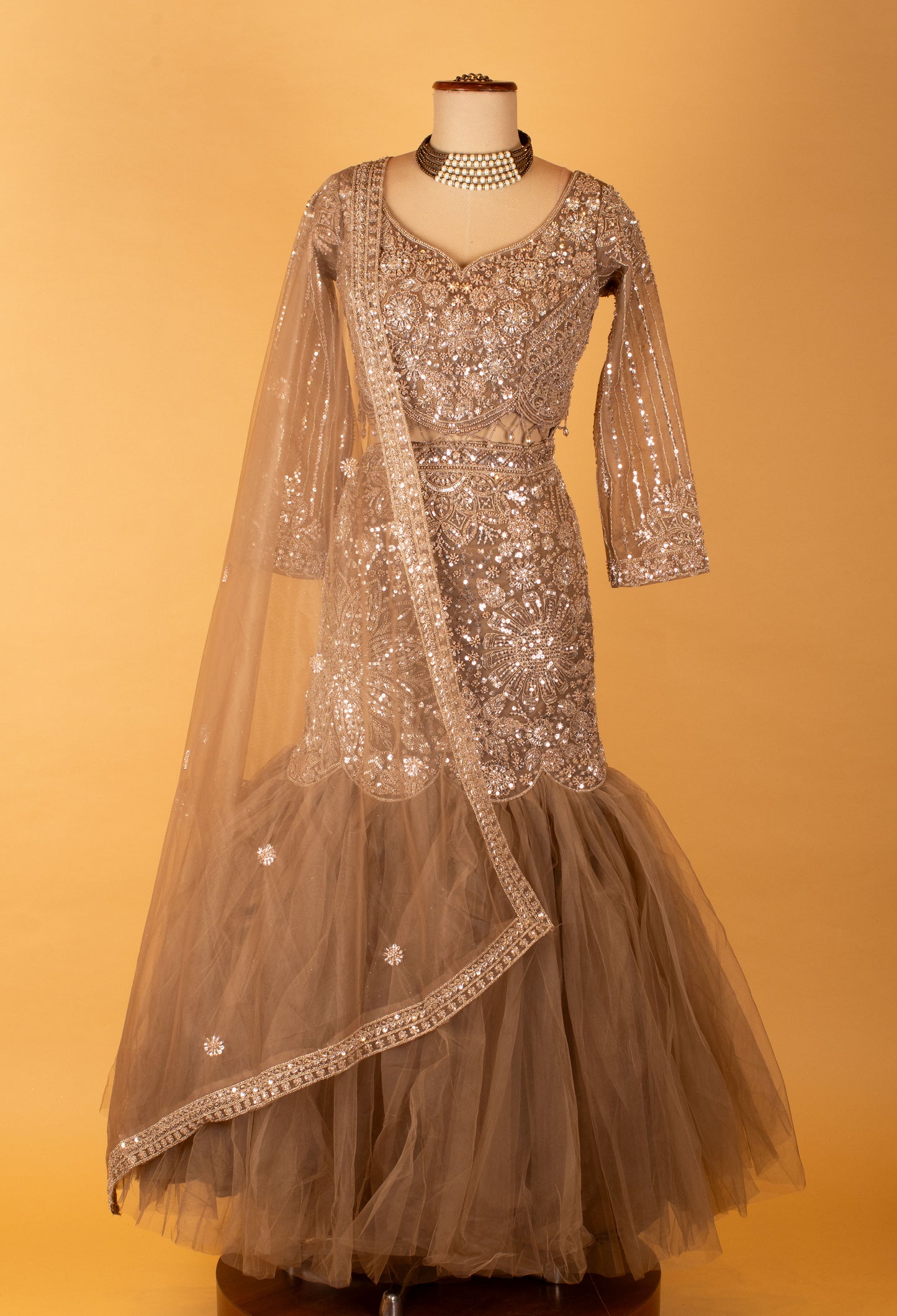 Champagne Grey Sequin Crop Top & Fishtail Lehenga Set – Bridal & Reception Wear