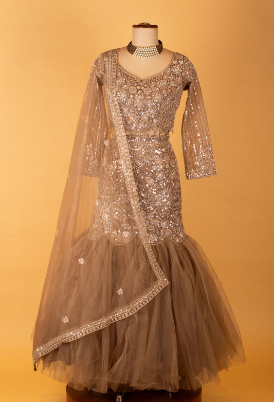Champagne grey sequin fishtail lehenga with full-sleeve blouse – product image 2