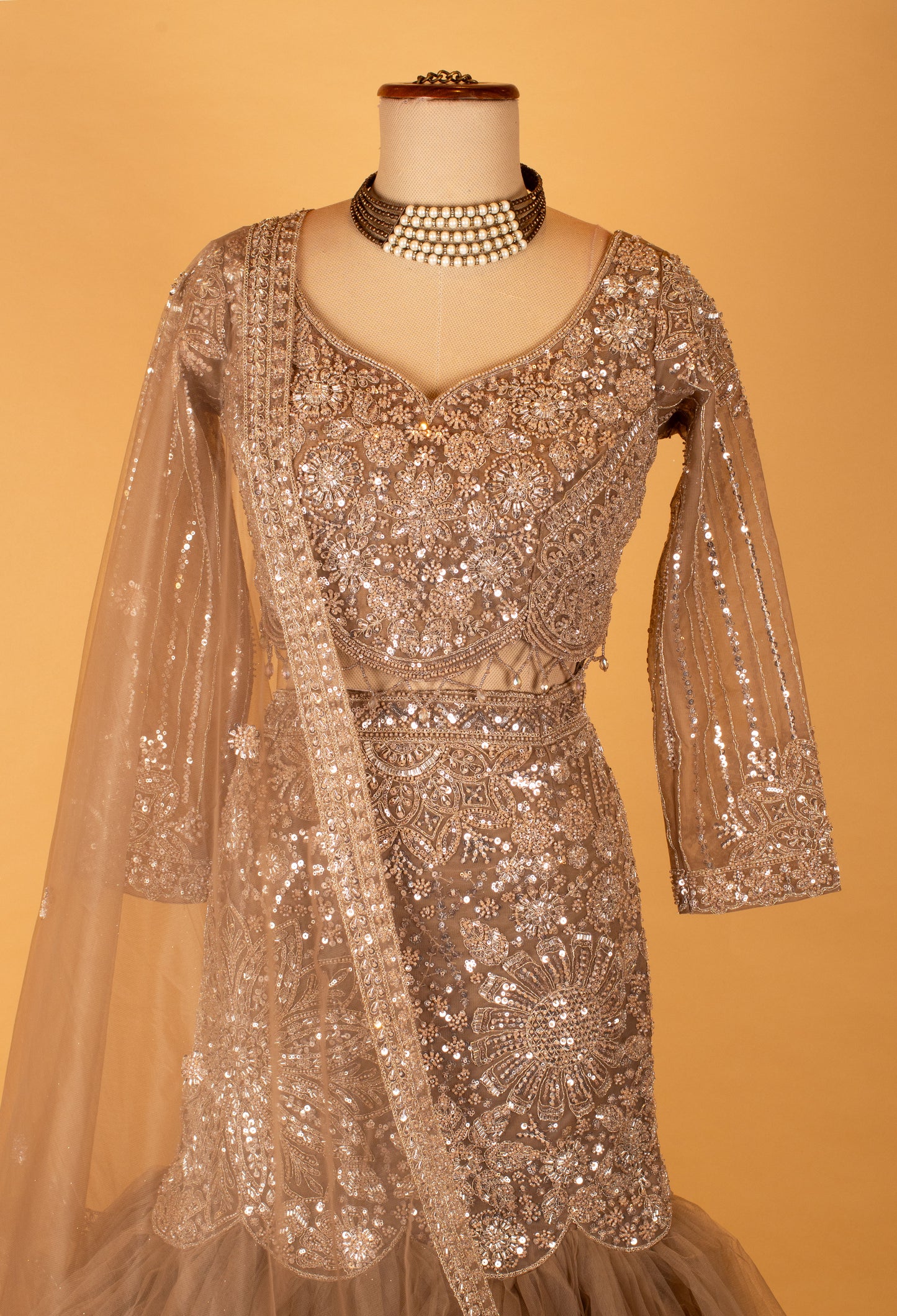 Champagne Grey Sequin Crop Top & Fishtail Lehenga Set – Bridal & Reception Wear